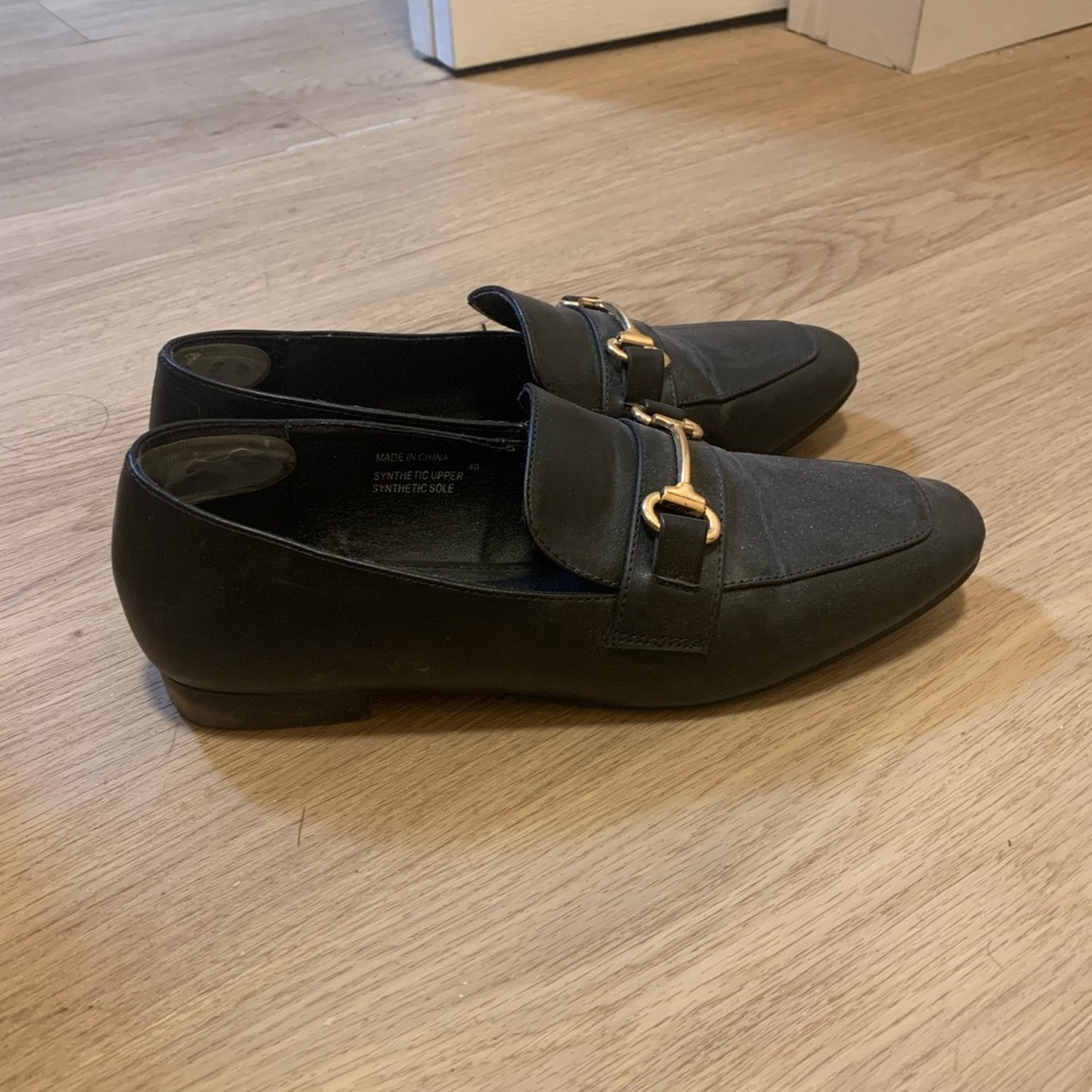 Steve Madden Black Loafers with Gold Buckle